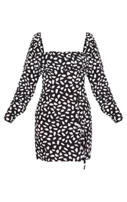 Black Dalmatian Print Bow Detail Side Split Bodycon Dress