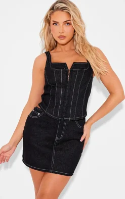 Black Denim Contrast Stitch Mini Skirt