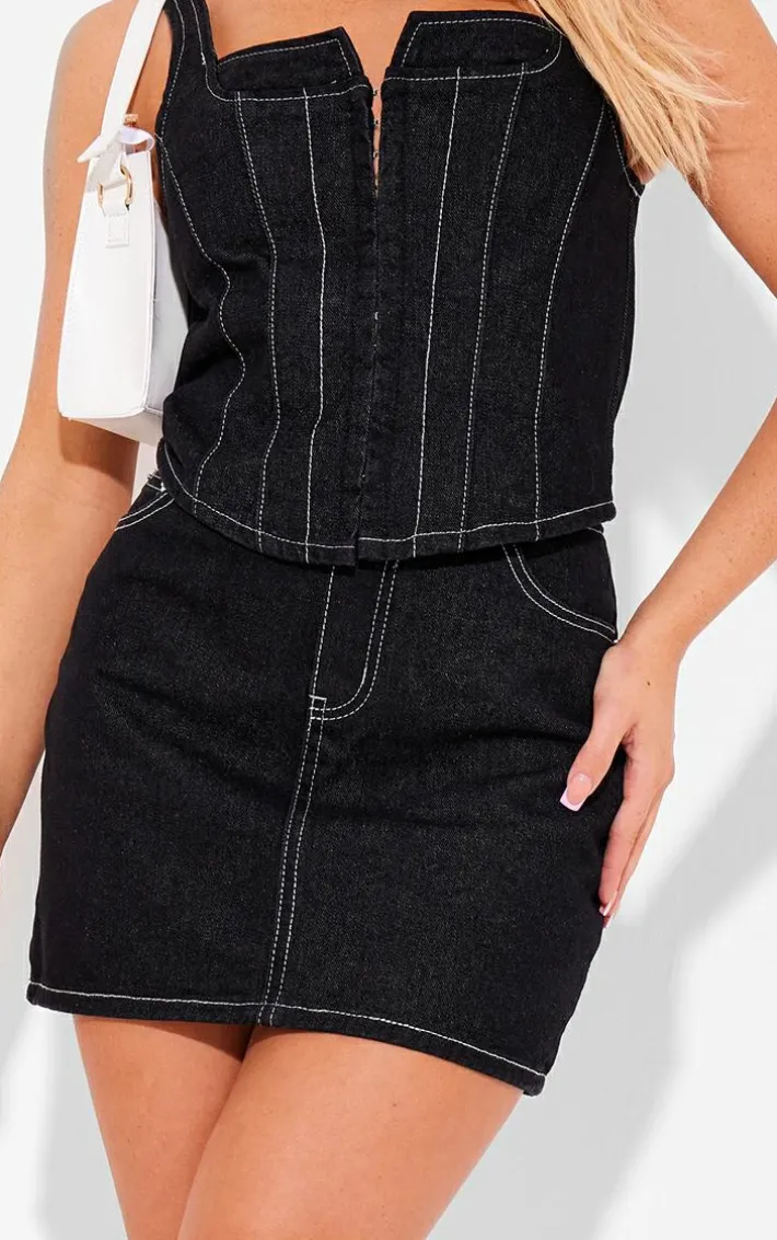 Black Denim Contrast Stitch Mini Skirt