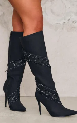 Black Denim Diamante Detail Point Toe High Heeled Knee Boots