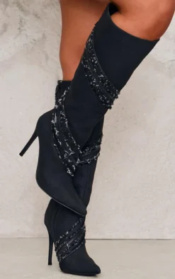 Black Denim Diamante Detail Point Toe High Heeled Knee Boots