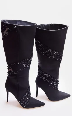 Black Denim Diamante Detail Point Toe High Heeled Knee Boots