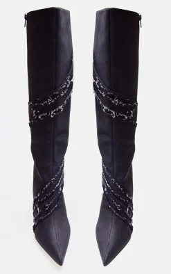 Black Denim Diamante Detail Point Toe High Heeled Knee Boots