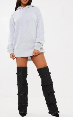 Black Denim Point Toe Fold Over The Knee High Heeled Boots