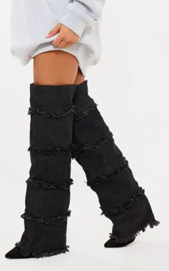 Black Denim Point Toe Fold Over The Knee High Heeled Boots