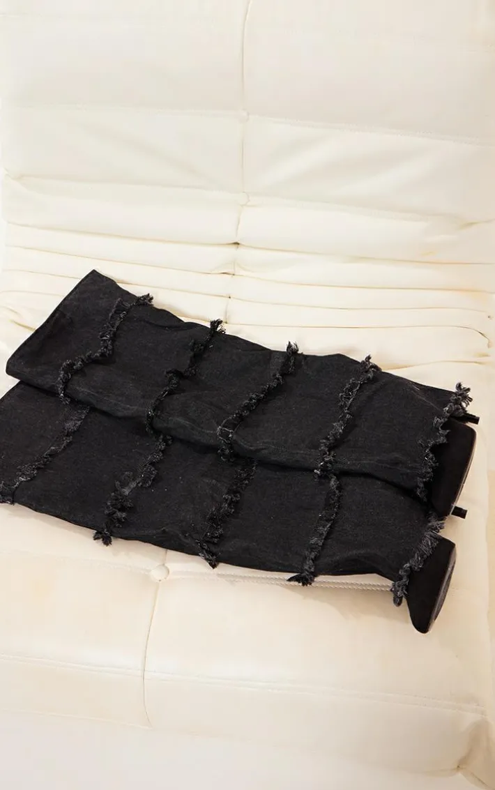 Black Denim Point Toe Fold Over The Knee High Heeled Boots