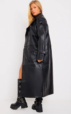 Black Detachable Hem Faux Leather Trench Coat
