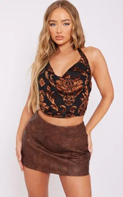 Black Devore Cowl Boned Crop Top