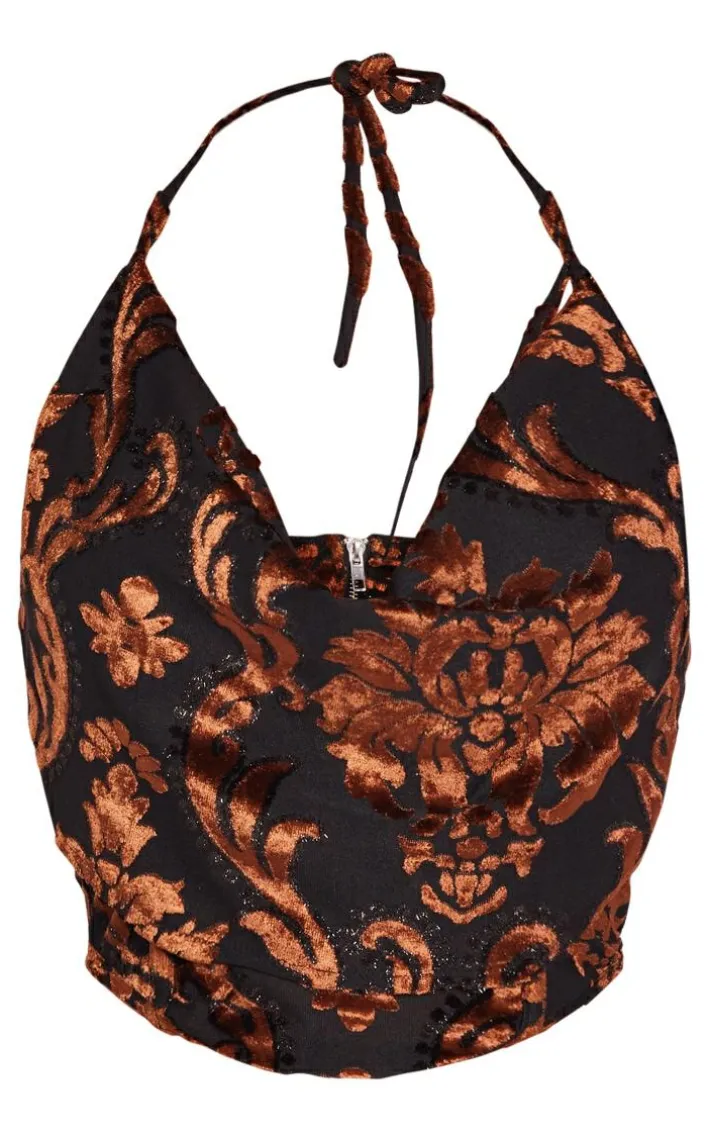 Black Devore Cowl Boned Crop Top