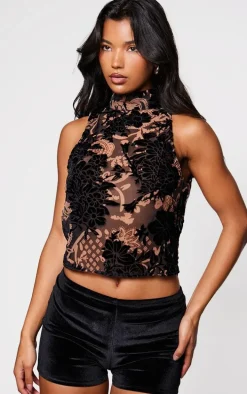 Black Devore High Neck Backless Long Top