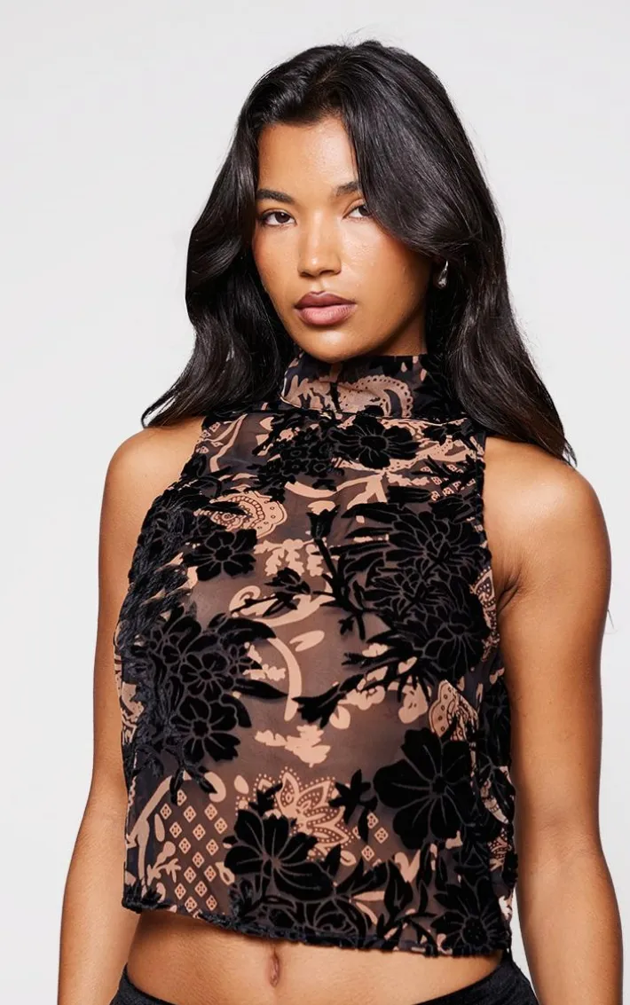 Black Devore High Neck Backless Long Top