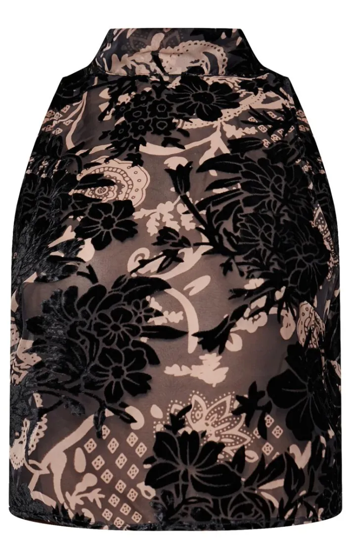 Black Devore High Neck Backless Long Top