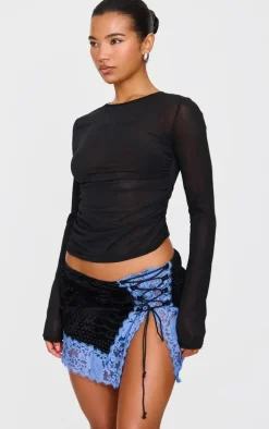 Black Devore Lace Trim Tie Front Detail Mini Skirt