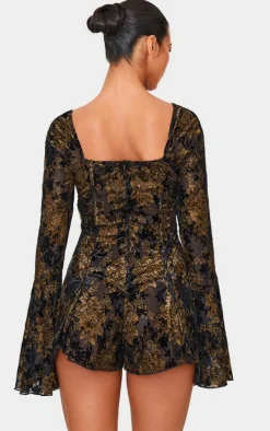 Black Devore Long Sleeve Romper