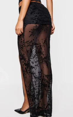 Black Devore Mesh Foldover Slit Maxi Skirt