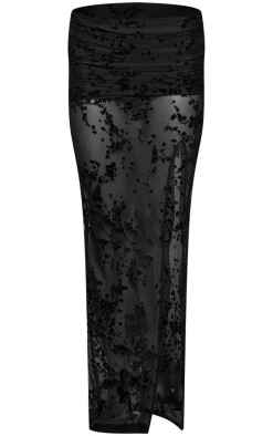Black Devore Mesh Foldover Slit Maxi Skirt