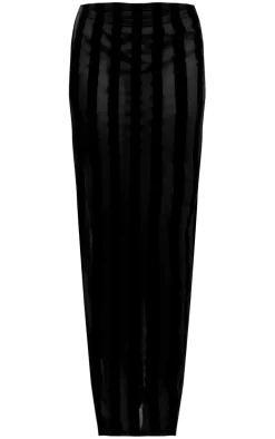 Black Devore Mesh Striped Maxi Skirt