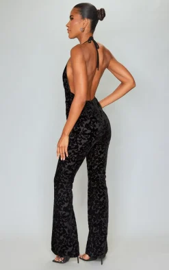 Black Devore Plunge Tie Detail Flared Jumpsuit