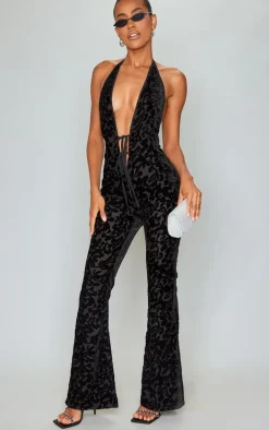 Black Devore Plunge Tie Detail Flared Jumpsuit