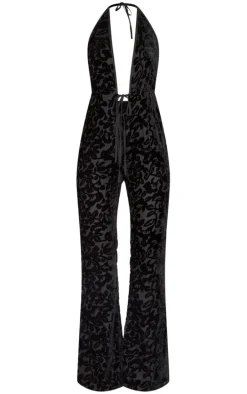Black Devore Plunge Tie Detail Flared Jumpsuit