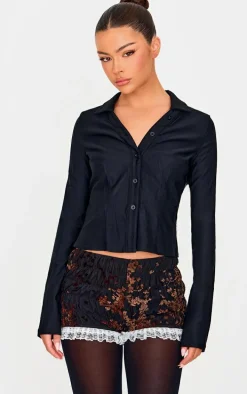 Black Devore Ruched Frill Hem Bloomers