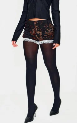 Black Devore Ruched Frill Hem Bloomers