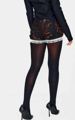 Black Devore Ruched Frill Hem Bloomers