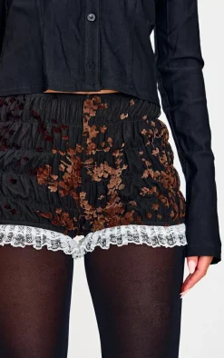 Black Devore Ruched Frill Hem Bloomers