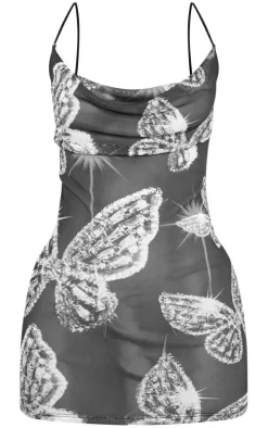 Black Diamante Butterfly Print Mesh Bodycon Dress