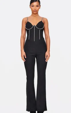 Black Diamante Corset Detail Flared Strappy Jumpsuit