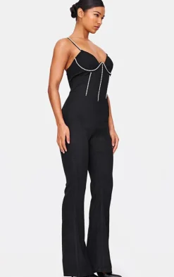 Black Diamante Corset Detail Flared Strappy Jumpsuit