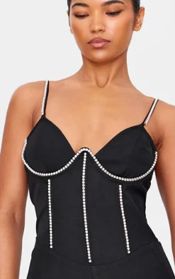 Black Diamante Corset Detail Flared Strappy Jumpsuit