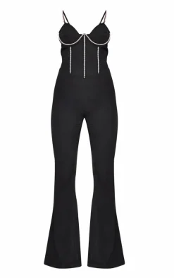 Black Diamante Corset Detail Flared Strappy Jumpsuit