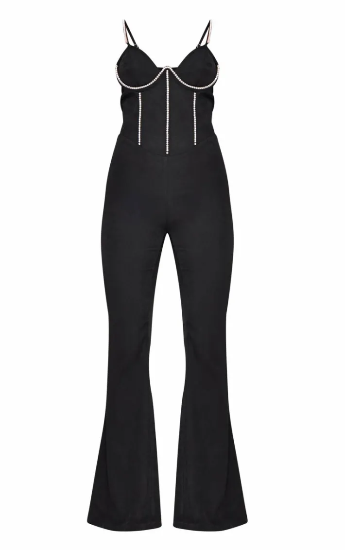 Black Diamante Corset Detail Flared Strappy Jumpsuit