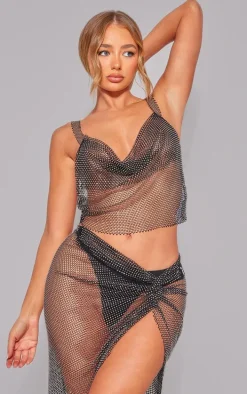 Black Diamante Cowl Neck Top