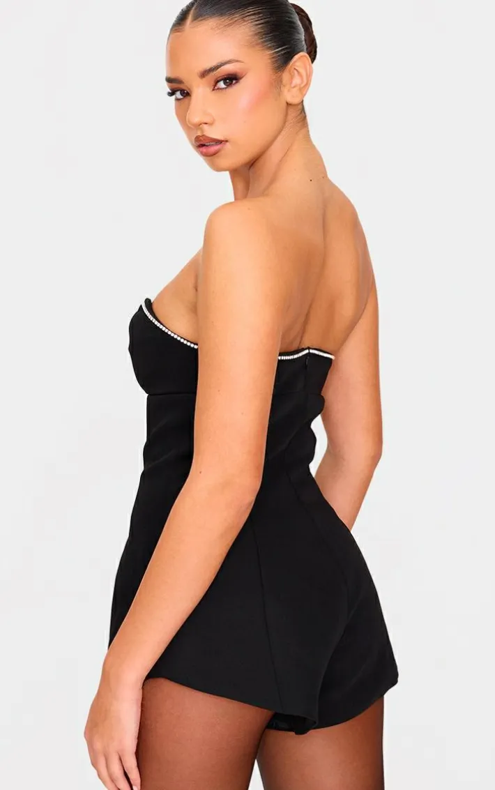 Black Diamante Detail Bandeau Structured Romper
