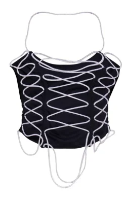 Black Diamante Elastic Lace Up Corset