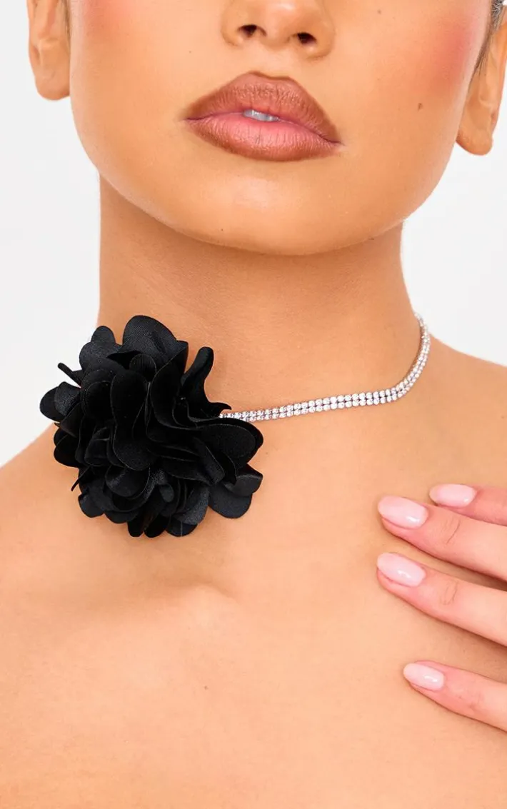 Black Diamante Flower Choker