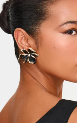 Black Diamante Flower Twist Stud Earrings