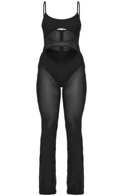 Black Diamante Hot Fix Mesh Cut Out Strappy Jumpsuit