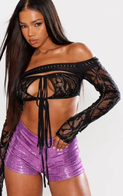 Black Diamante Lace Cut Out Long Sleeve Crop Top