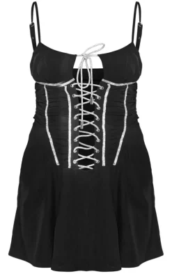 Black Diamante Rope Lace Up Mesh Ruched Bodycon Dress