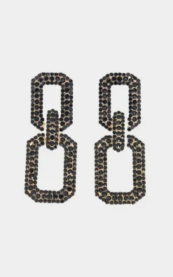 Black Diamante Square Chain Link Statement Earrings