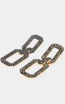 Black Diamante Square Chain Link Statement Earrings