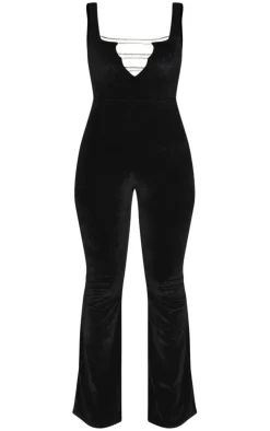 Black Diamante Strap Detail Plunge Velvet Jumpsuit