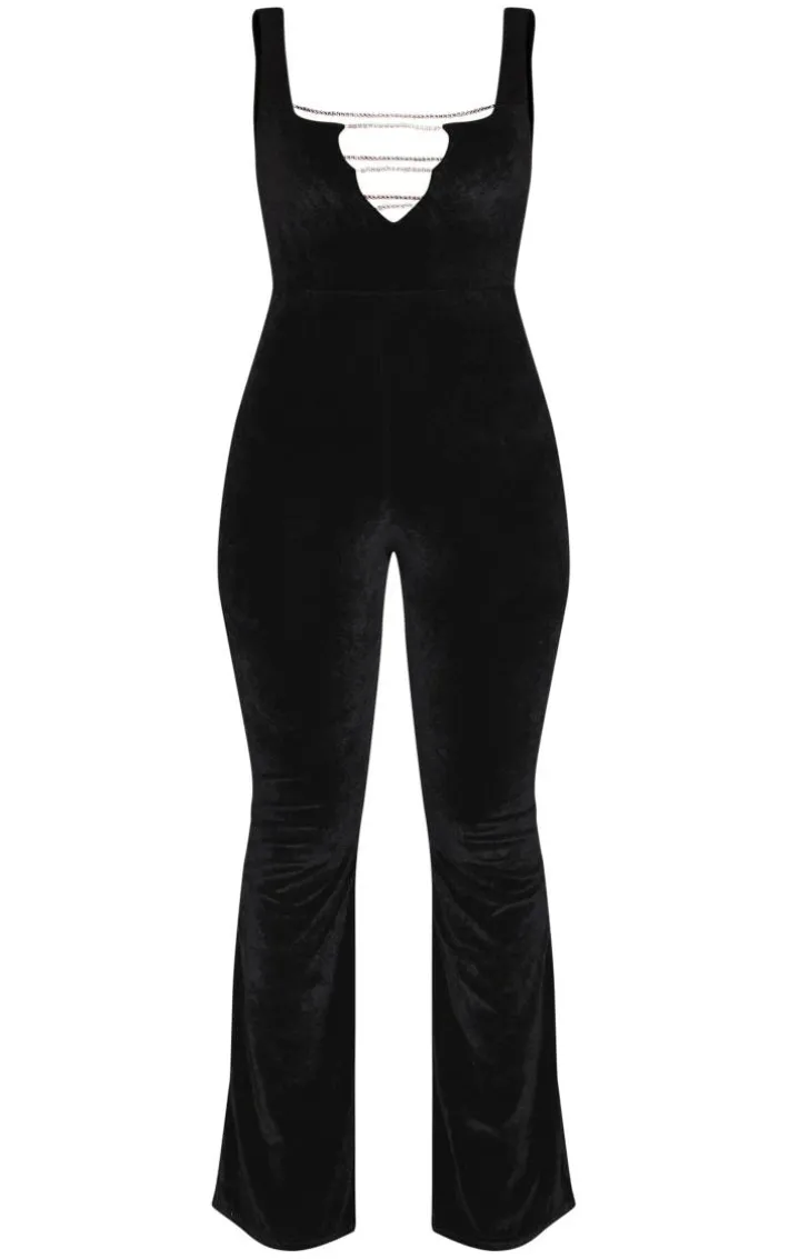 Black Diamante Strap Detail Plunge Velvet Jumpsuit