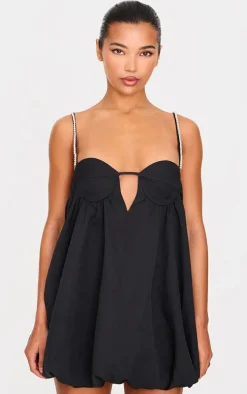 Black Diamante Strap Detail Puff Ball Dress