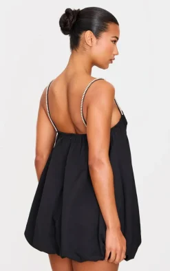Black Diamante Strap Detail Puff Ball Dress