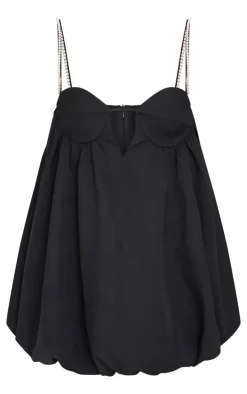 Black Diamante Strap Detail Puff Ball Dress