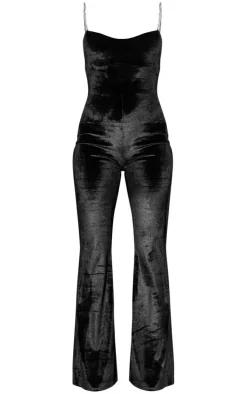 Black Diamante Strap Velvet Flared Jumpsuit